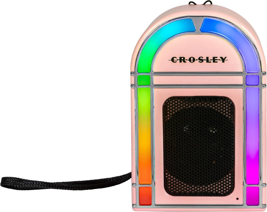 Crosley CR3046A-PI Mini Jukebox Portable Bluetooth Speaker, Pink | Bluetooth In, 5 Color-Changing Light Modes, LED Lights Sync with Music, Rechargeable Lithium-Ion Battery