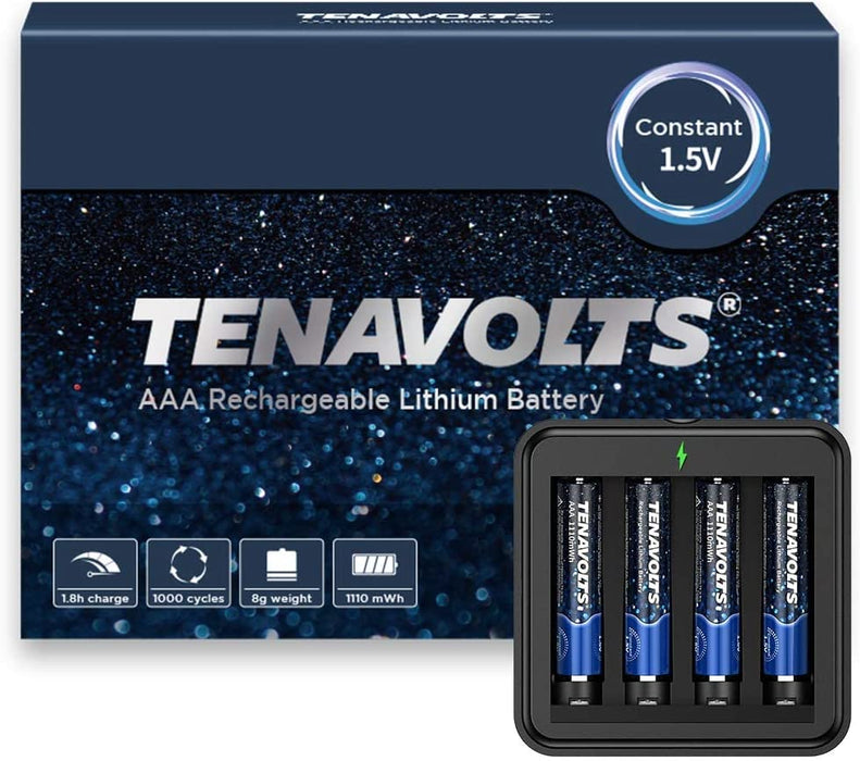 TENAVOLTS 1.5V AAA Lithium Rechargeable Battery, 1.8h Fast Charge, USB Charger, Constant Output at 1.5V, 1110 mWh, 4 Counts with Charger