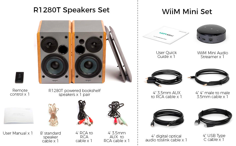 Edifier R1280T Powered Bookshelf Speakers with WiiM Mini Wi-Fi Audio Streamer