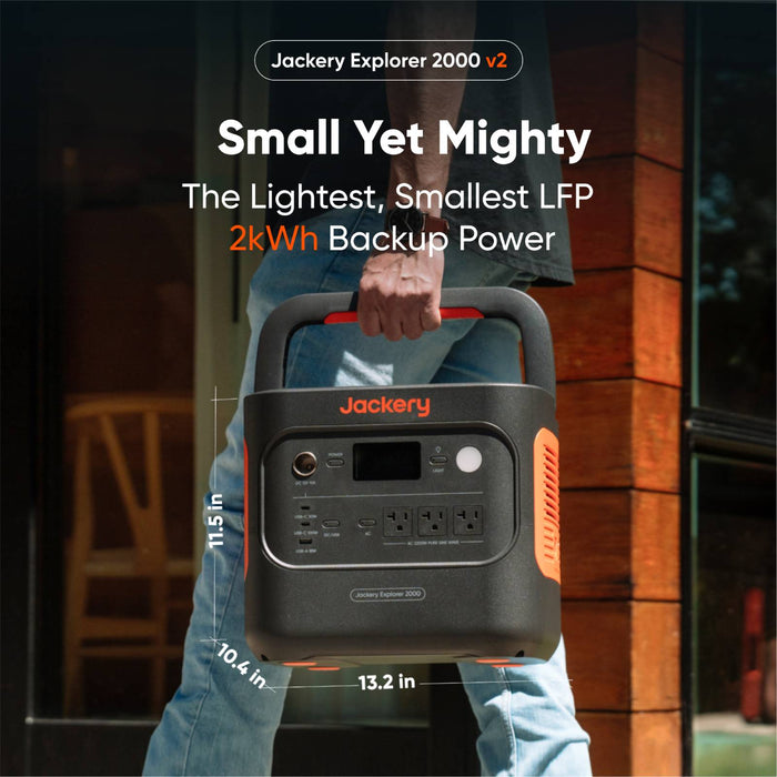 Jackery Explorer 2000 v2 Portable Power Station 2042Wh capacity and 2200W output, powering over 1 day of emergency needs.