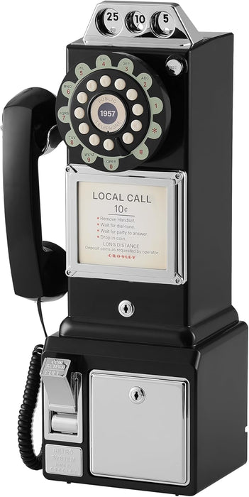 Crosley 1950's Payphone with Push Button Technology, Black, Wall-Mounted Landline Phone, CR56-BK