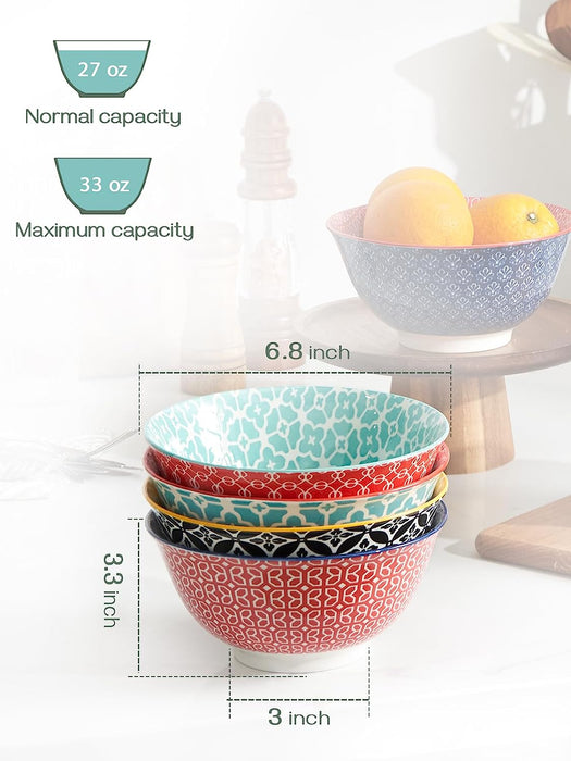 32 Oz Ceramic Cereal Bowls, Set Of 6, Mix-Match Pattern