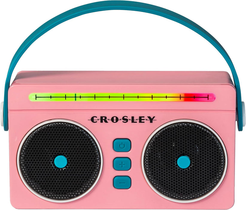 Crosley CR3050A-FG Mini Boombox Portable Bluetooth Speaker, Flamingo | Bluetooth In, 5 Color-Changing Light Modes, LED Lights Sync with Music, Rechargeable Lithium-Ion Battery