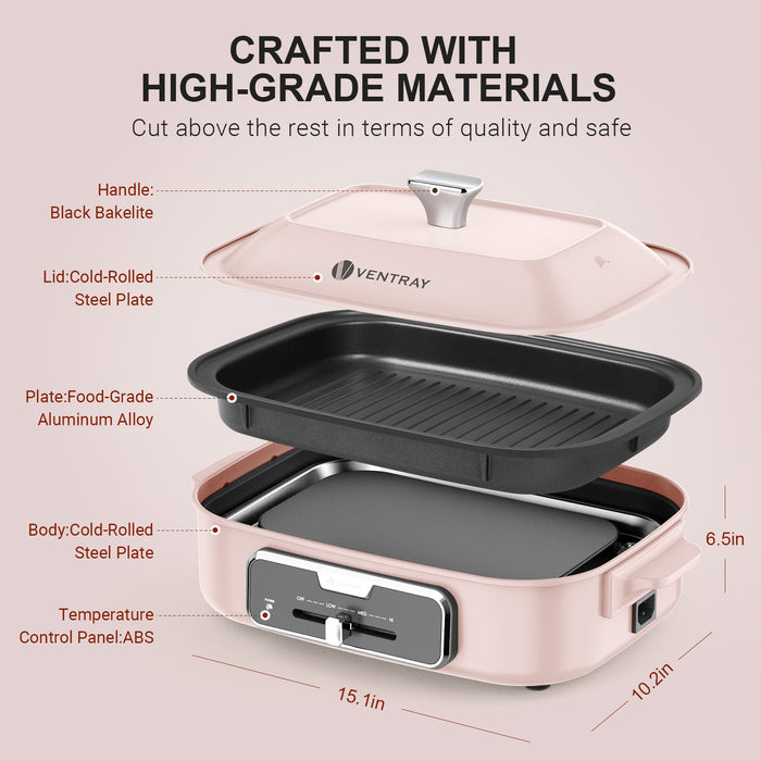 Ventray Classic 2.0 Indoor Electric Portable Grill with Removable Griddle Plate, Lid