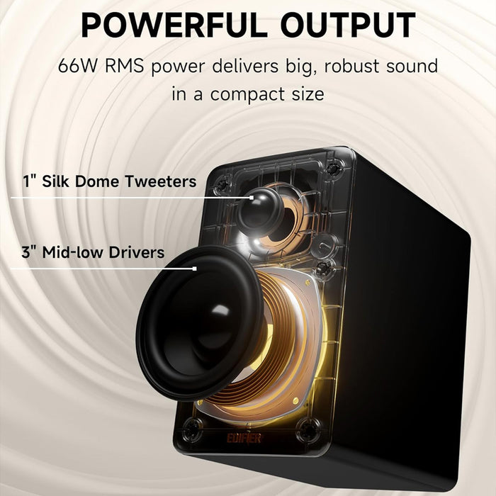 Edifier Bookshelf Speakers, 66W RMS Desktop Speakers, Hi-Res Audio & Hi-Res Wireless Audio Computer Speakers, Bluetooth V5.3 Speakers with USB-C AUX Input and Stands