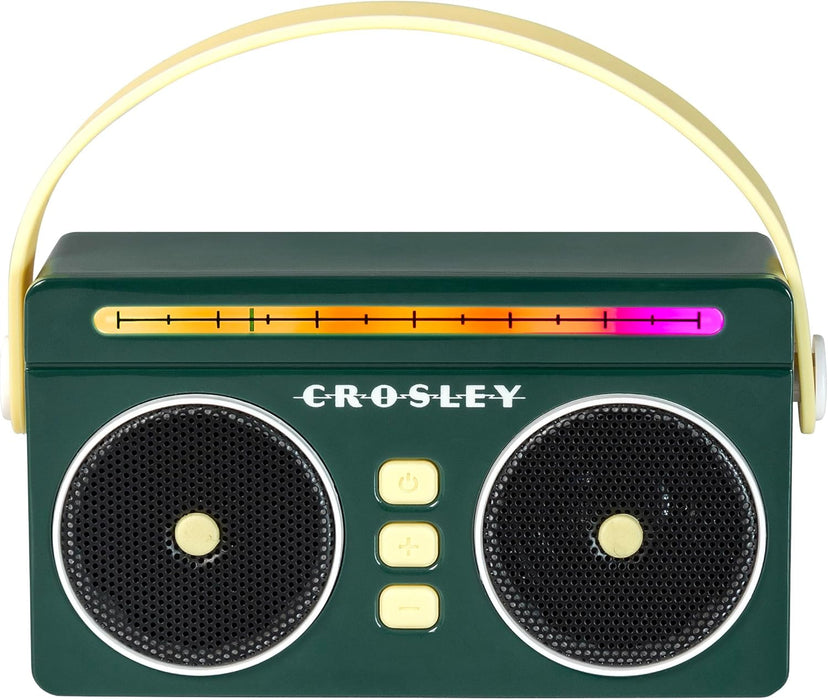 Crosley CR3050A-JU Mini Boombox Portable Bluetooth Speaker, Juniper | Bluetooth In, 5 Color-Changing Light Modes, LED Lights Sync with Music, Rechargeable Lithium-Ion Battery