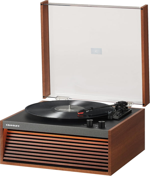 Crosley CR6237AFT-NA Dean Record Player, Natural | 3-Speed Belt-Drive Turntable, Mid-Century Modern Slatted Design, Optional LED Lighting, Bluetooth In / Out