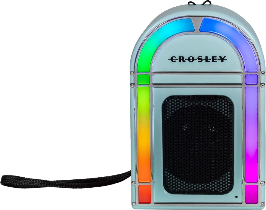 Crosley CR3046A-AB Mini Jukebox Portable Bluetooth Speaker, Aqua Blue | Bluetooth In, 5 Color-Changing Light Modes, LED Lights Sync with Music, Rechargeable Lithium-Ion Battery