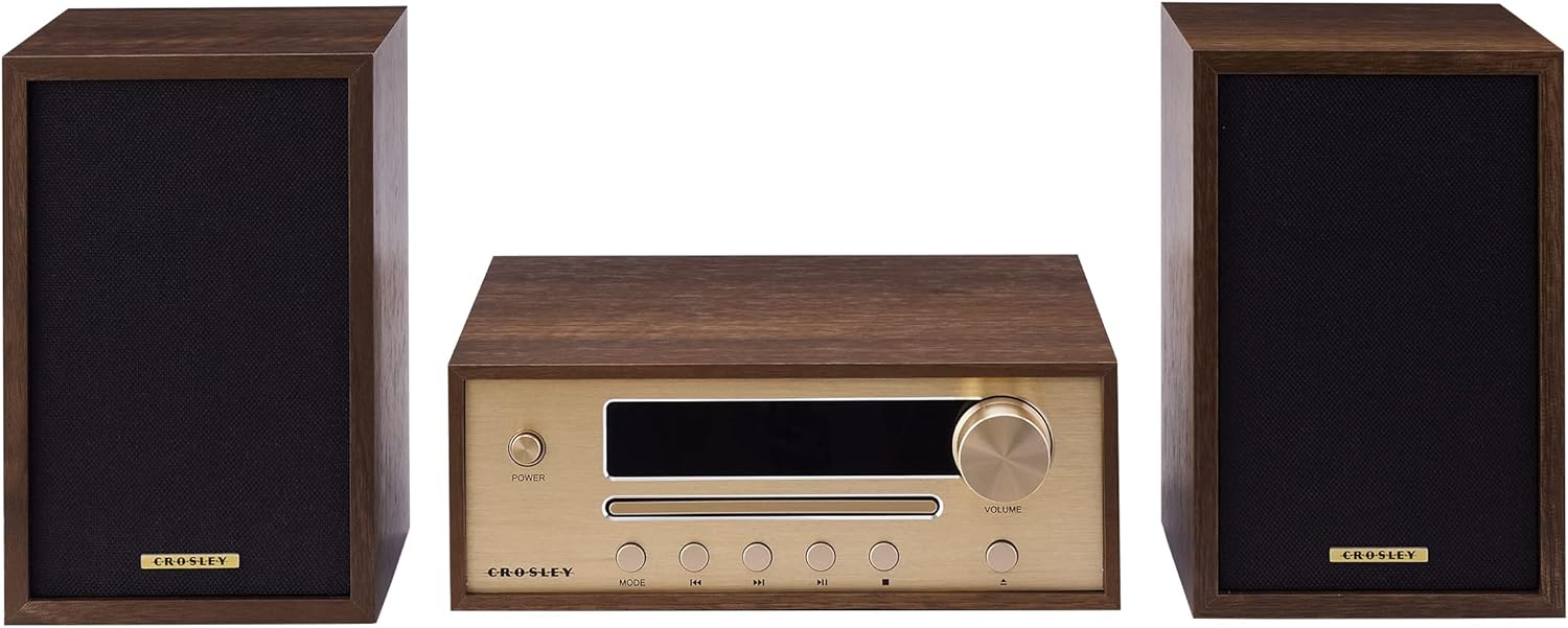 Crosley CR3503A-WA Parker Radio CD Player, Walnut | Bluetooth In, External Full-Range Stereo Speakers 40W Peak, FM Radio, External Antenna