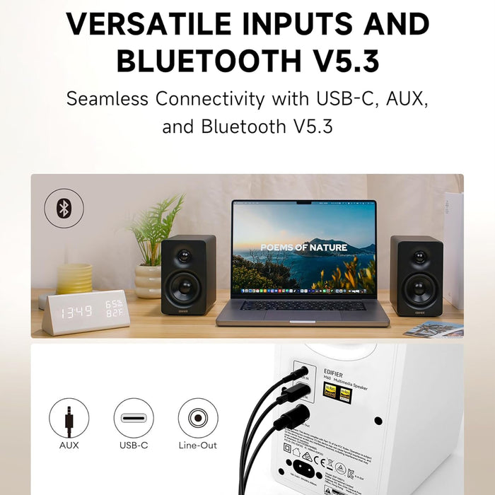 Edifier Bookshelf Speakers, 66W RMS Desktop Speakers, Hi-Res Audio & Hi-Res Wireless Audio Computer Speakers, Bluetooth V5.3 Speakers with USB-C AUX Input and Stands