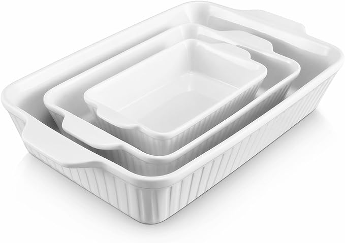 DOWAN Casserole Dishes Ceramic Baking Dishes for Oven Set of 3, White (15.6''/12.2''/8.9'')