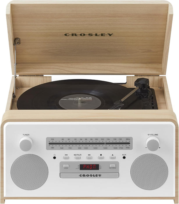 Crosley CR7024A-NA Carter 7-in-1 Record Player, Natural | 3-Speed Turntable, Bluetooth In / Out, Built-in Full-Range Stereo Speakers, AM/FM Radio
