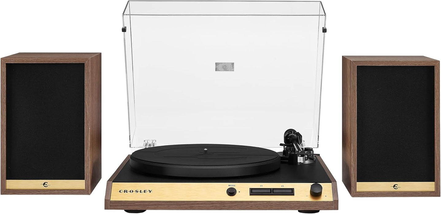 Crosley C72A-WA Record Player with Speakers, Walnut | 2-Speed Turntable, ATN3600L Cartridge, Standard 1/2" Mount, Bluetooth In, External Speakers, Steel Platter