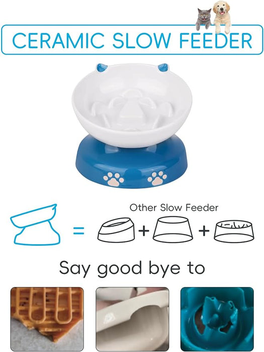 Y YHY Slow Feeder for Dog and Cat Tilted Elevated Cat Bowl, Blue & White