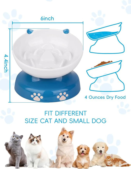Y YHY Slow Feeder for Dog and Cat Tilted Elevated Cat Bowl, Blue & White