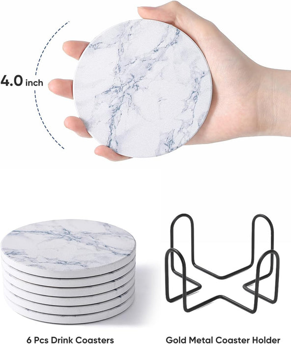 LIFVER Coasters for Drinks, White Marble-Style Absorbent Coasters with Holder 4 Inches, Set of 6
