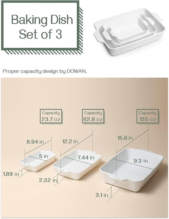 Casserole Dishes Ceramic Baking Dishes for Oven Set of 3, White (15.6''/12.2''/8.9'')