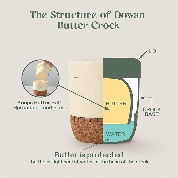 DOWAN Butter Crock Butter Keeper with Cork Bottom and Date Record Line, Beige