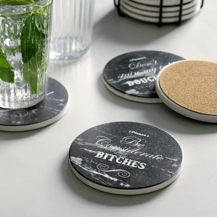 LIFVER Coasters Set of 8 Black Marble Style Absorbent Drink Coasters with Cork Base