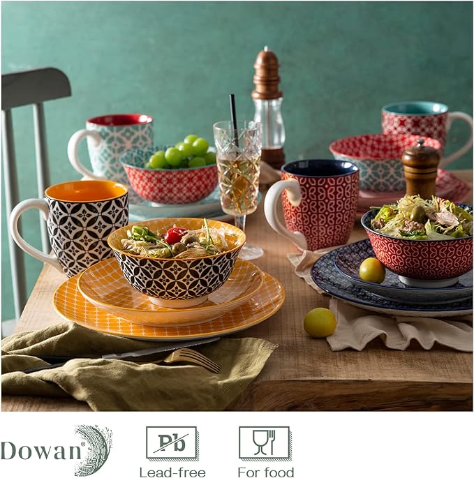 DOWAN Ceramic Dinnerware Set 16 Pieces Colorful Plates and Bowls  Set