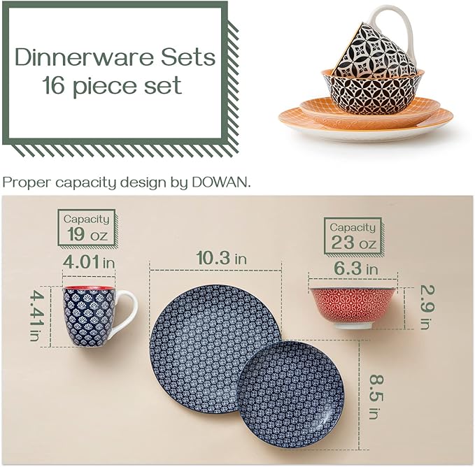 DOWAN Ceramic Dinnerware Set 16 Pieces Colorful Plates and Bowls  Set