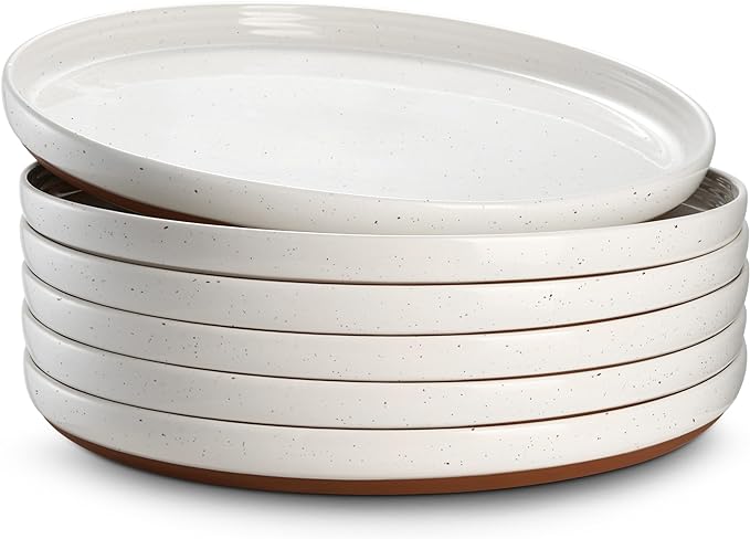 10.5'' White Dinner Plates Set of 6 - Ceramic Serving Dish with Specks, Microwave Dishwasher Safe