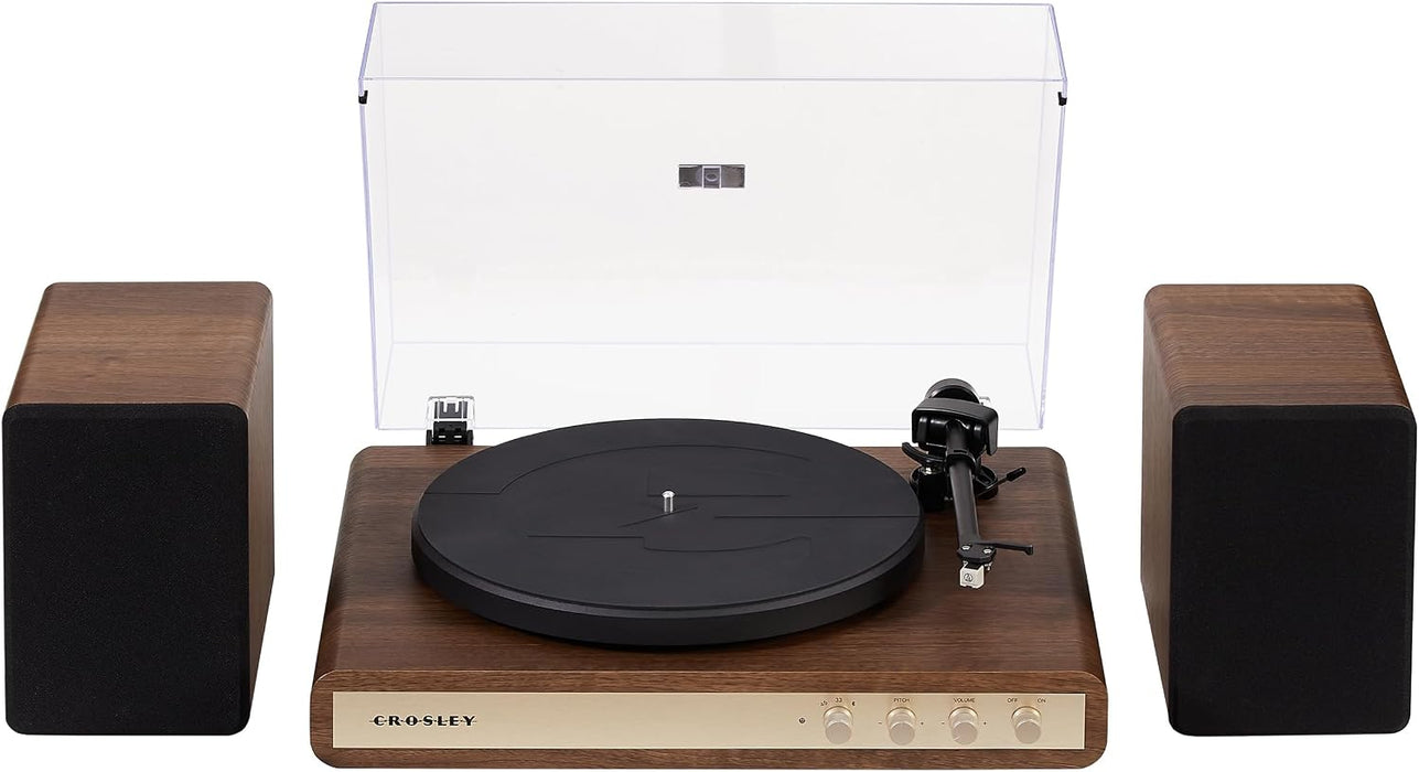 Crosley C65A-WAGL Record Player with Speakers, Walnut | 2-Speed Turntable, ATN3600L Cartridge, Standard 1/2" Mount, Bluetooth In, Matching External Speakers