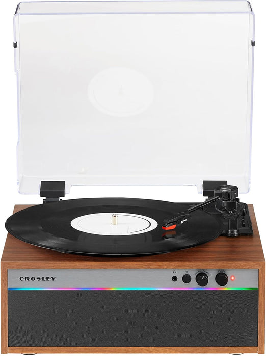 Crosley CR6048A-WA Strobe Record Player, Walnut | 3-Speed Belt-Drive Turntable, 7 Color-Changing Light Modes, LED Lights Sync with Music, Bluetooth In / Out