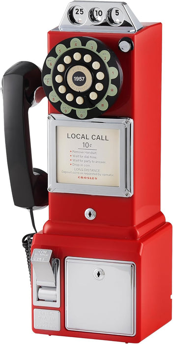 Crosley CR56-RE 1950's Payphone with Push Button Technology, Red | Rotary-Inspired Push Button Dial, Coin Box with Key, Flash Call-Waiting and Phone Number Redial, Wall Mountable