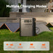 Power station on grass with solar panels and house in the background, labeled 'Multiple Charging Modes'.