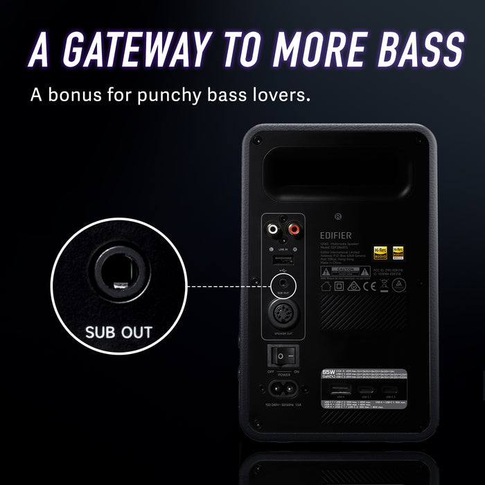 Certified Refurbished Edifier QR65 Active Monitor Speakers with 65W GaN Fast Charger Function, 70W RMS Bluetooth Computer Speakers with Hi-Res 24bit Wireless Audio, Subwoofer Out and Light Effects (Black)