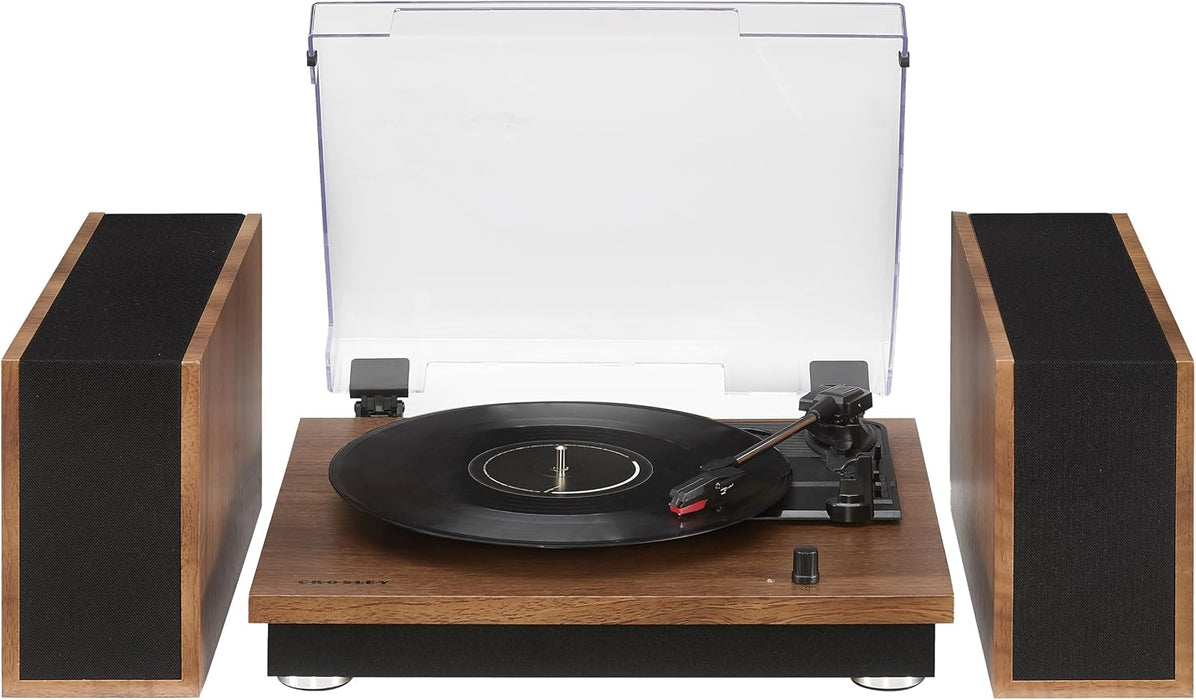 Crosley CR7502A-WA Riff Record Player with Speakers, Walnut | 3-Speed Turntable, Bluetooth In, Matching External Full-Range Stereo Speakers 20W Peak, Six Speaker Configurations