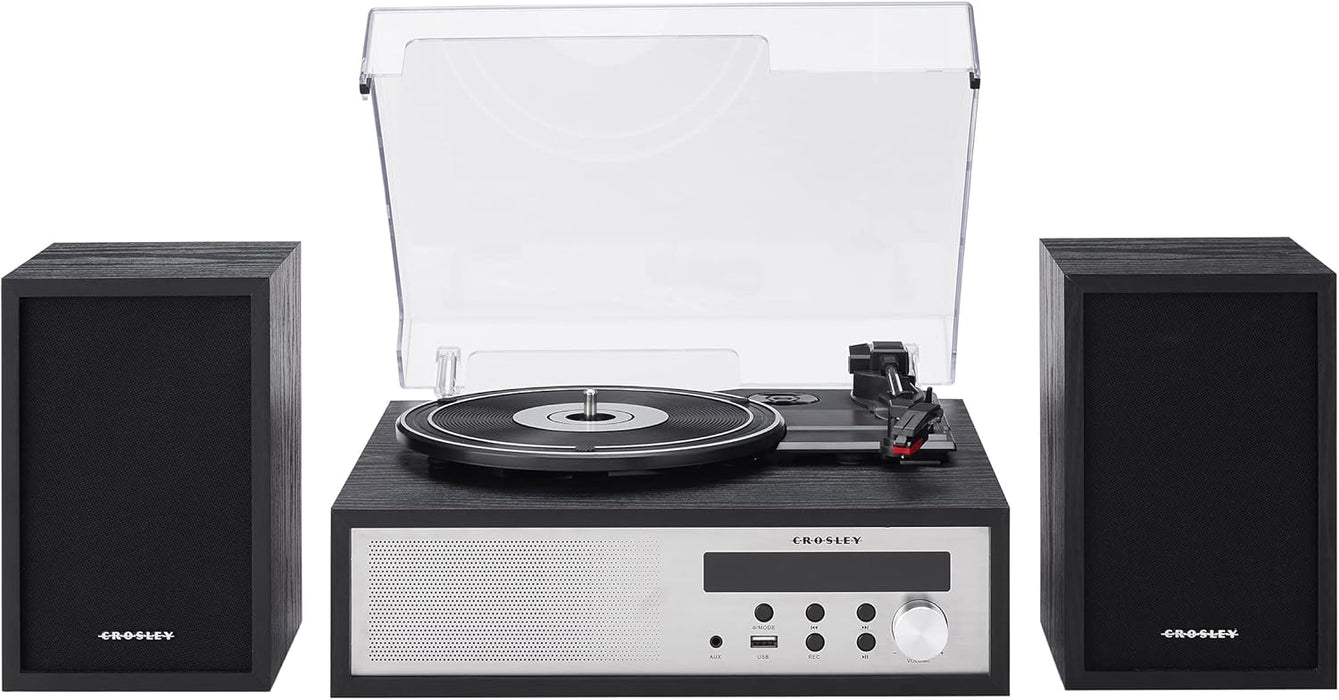 Crosley CR7022A-BK Sloane Record Player with Speakers, Black | 3-Speed Turntable, Bluetooth In, Matching External Full-Range Stereo Speakers, Vinyl Recording To USB Drive, USB Playback