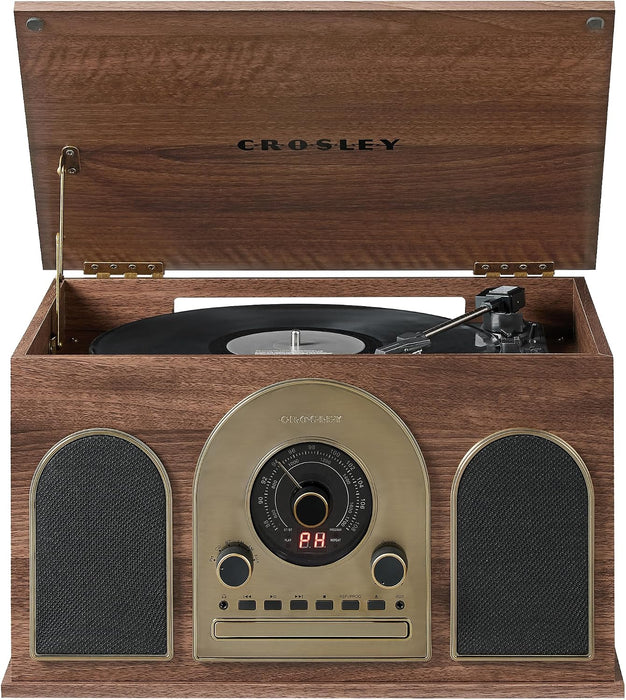 Crosley CR7025A-WA Hayes 8-in-1 Record Player, Walnut | 3-Speed Turntable, Bluetooth In, Built-in Full-Range Stereo Speakers 20W Peak, AM/FM Radio, CD Player