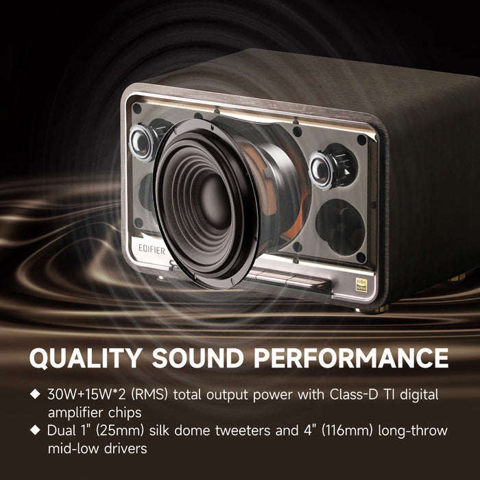 Certified Refurbished Edifier D32 Tabletop Bluetooth Speakers, Portable Retro Wireless Speaker, 60W RMS Wi-Fi and Bluetooth Sound System Compatible with AirPlay2, Multi-Point Connection, 11 Hours Playtime