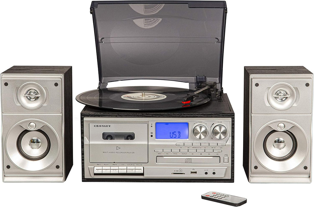 Crosley CR7014A-BK Eclipse 9-in-1 Record Player with Speakers, Black | 3-Speed Turntable, Bluetooth In, External Full-Range 30W Stereo Speakers, USB/SD Playback & Recording Functions, AM/FM Radio