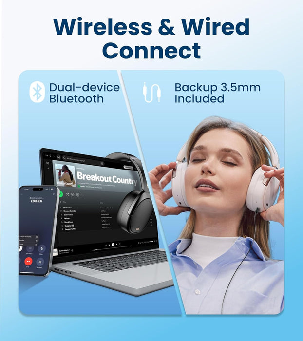 Edifier WH950NB Gen 2 Wireless Hybrid Active Noise Cancelling Headphones, Hi-Res Audio with LDAC 8-Level ANC, Spatial Sound 80H Playtime Bluetooth 5.4 Foldable 3.5mm AUX, Travel Case