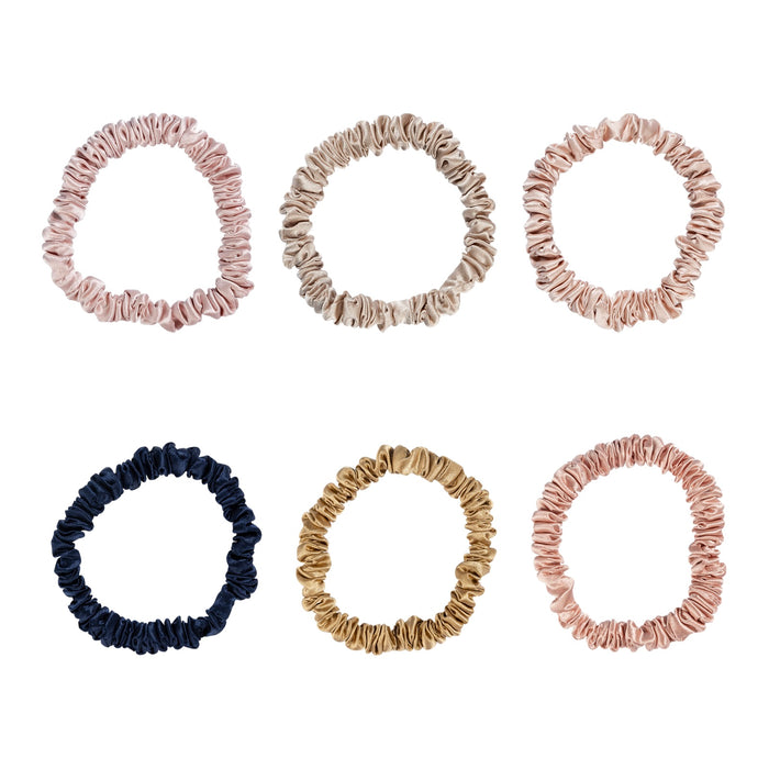 6PCS Real Silk Hair Scrunchies - Peach Pink, Cherry Pink, Rose Gold, Champagne Gold, Gold, Deep Blue