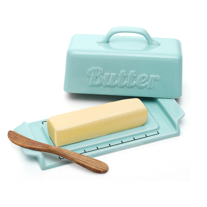 3.2 inch Porcelain Butter Dish With Wooden Knife, Blue