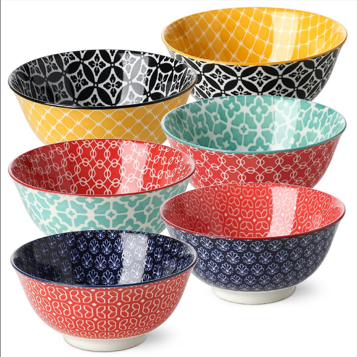 32 Oz Ceramic Cereal Bowls, Set Of 6, Mix-Match Pattern