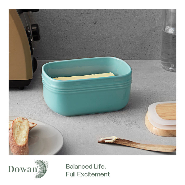 6.4 inch Porcelain Extra Large Butter Dish with Airtight Wooden Lid Cover, Freezer Safe, Turquoise
