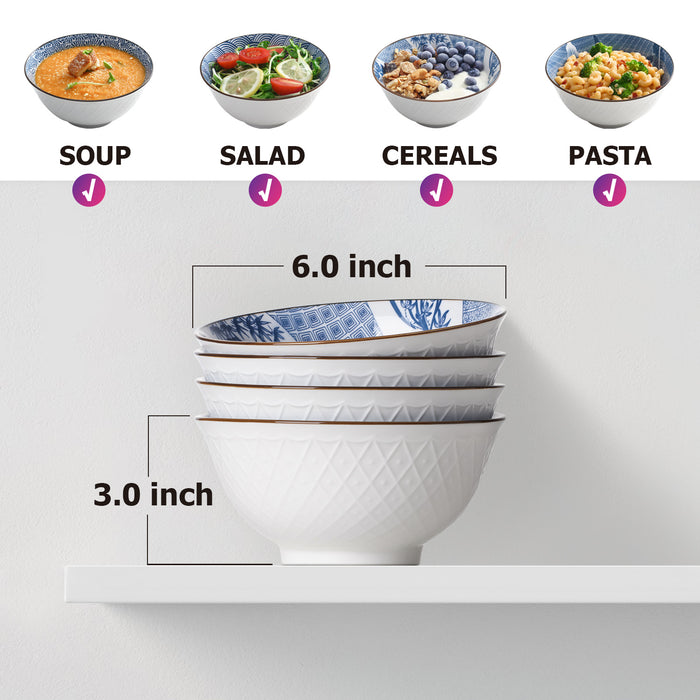 24 Oz Ceramic Cereal Bowls for Salad, Rice, and Pasta, Dishwasher Safe, Set Of 4, Blue and White