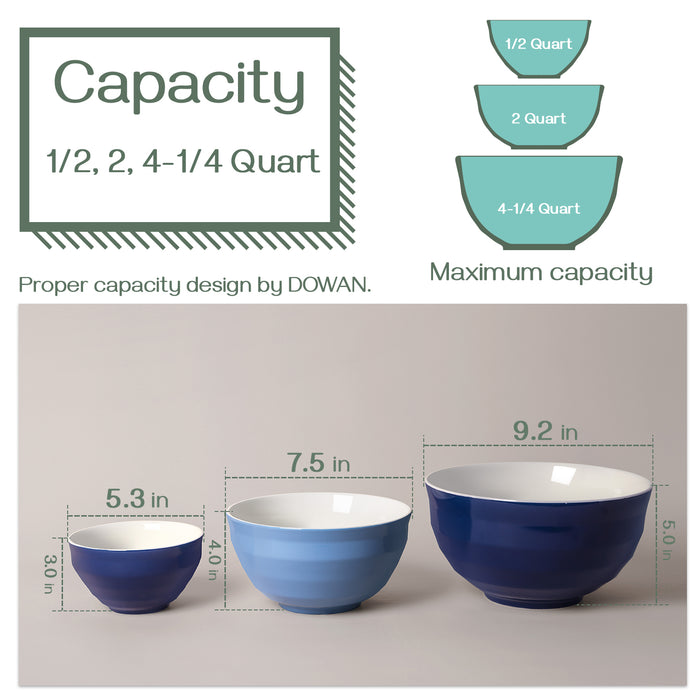 4.25/2/0.5 Qt Ceramic Large Serving Bowl Set, Microwave and Dishwasher Safe, Set Of 3, Blue