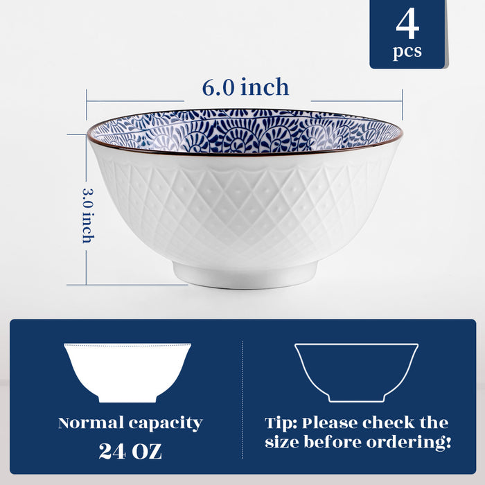 24 Oz Ceramic Cereal Bowls for Salad, Rice, and Pasta, Dishwasher Safe, Set Of 4, Blue and White