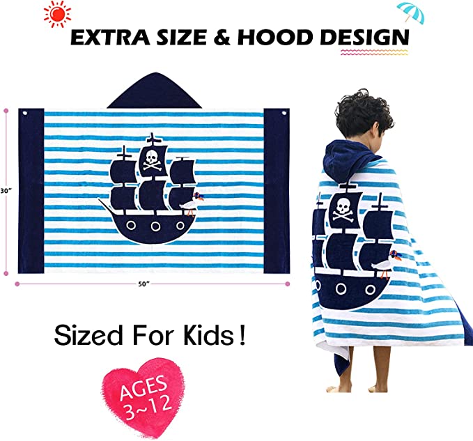Kids Bath Towel with Hood, Swim Towel Wrap (Pirate Ship)