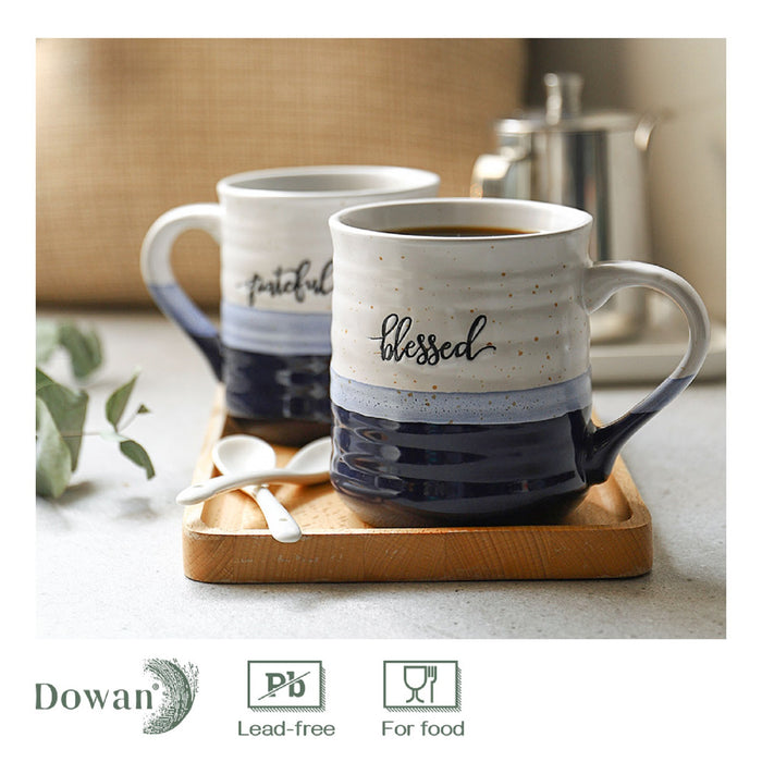 18 Oz Large coffee Mugs, Ceramic Mug Set With Words Blessed Gratefu, Set Of 2, Blue & White
