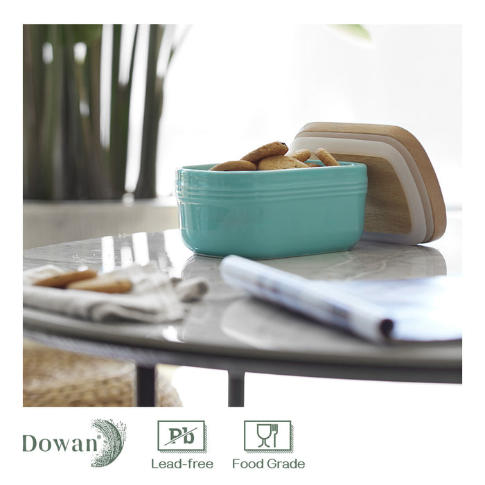 6.4 inch Porcelain Extra Large Butter Dish with Airtight Wooden Lid Cover, Freezer Safe, Turquoise