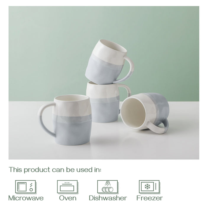 14 Oz Ceramic coffee Mugs With Large Handle, Set Of 4, Light Blue & White