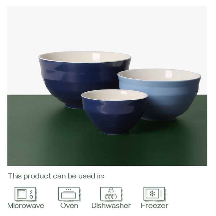 4.25/2/0.5 Qt Ceramic Large Serving Bowl Set, Microwave and Dishwasher Safe, Set Of 3, Blue