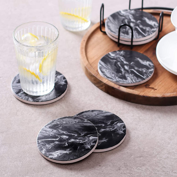 4 inch Absorbent Stone Coasters with Holder, Ceramic Coaster for Tabletop Protection, Set Of 6, Black Marble